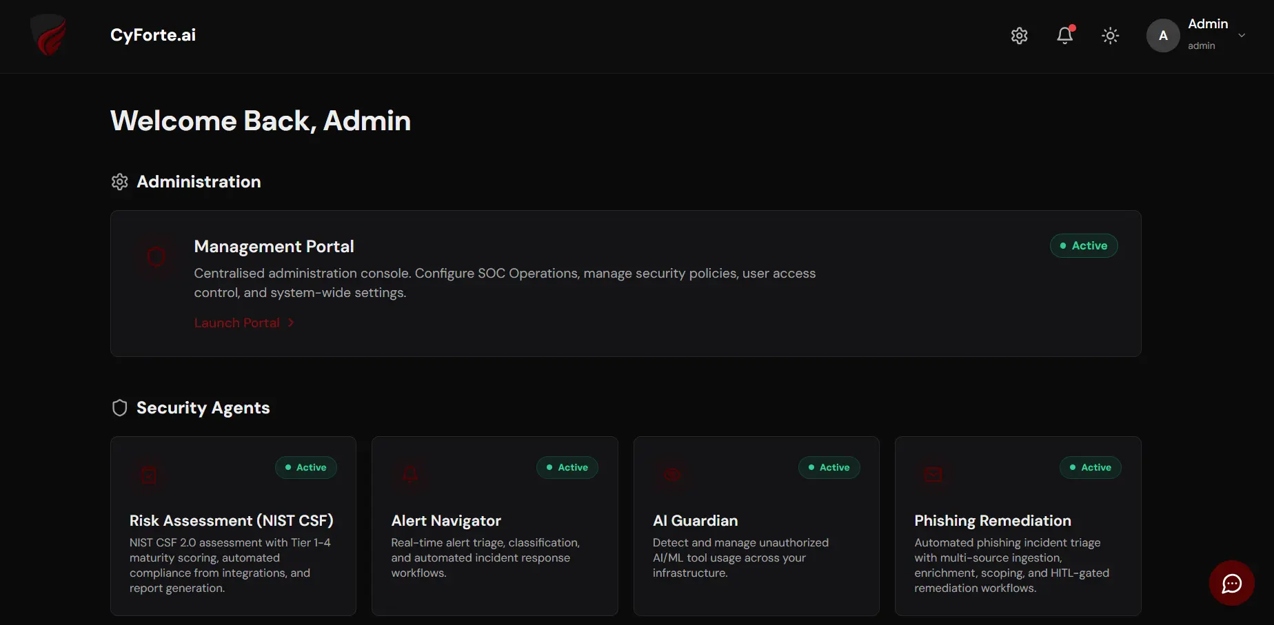 CyForte.ai dashboard showing Administration and Security Agents
