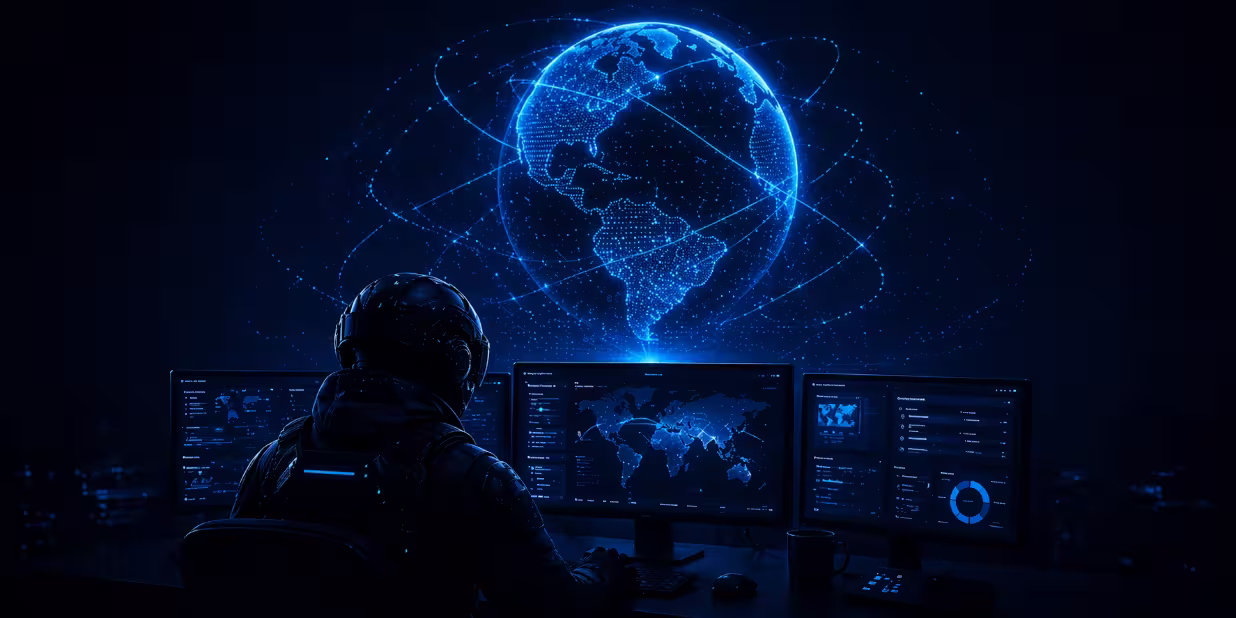 Analyst monitoring network security operations with global visualization displays.