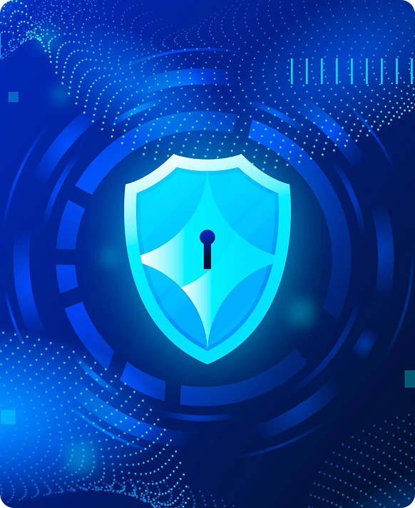 Futuristic shield with keyhole on concentric blue rings, representing secure identity delivery.